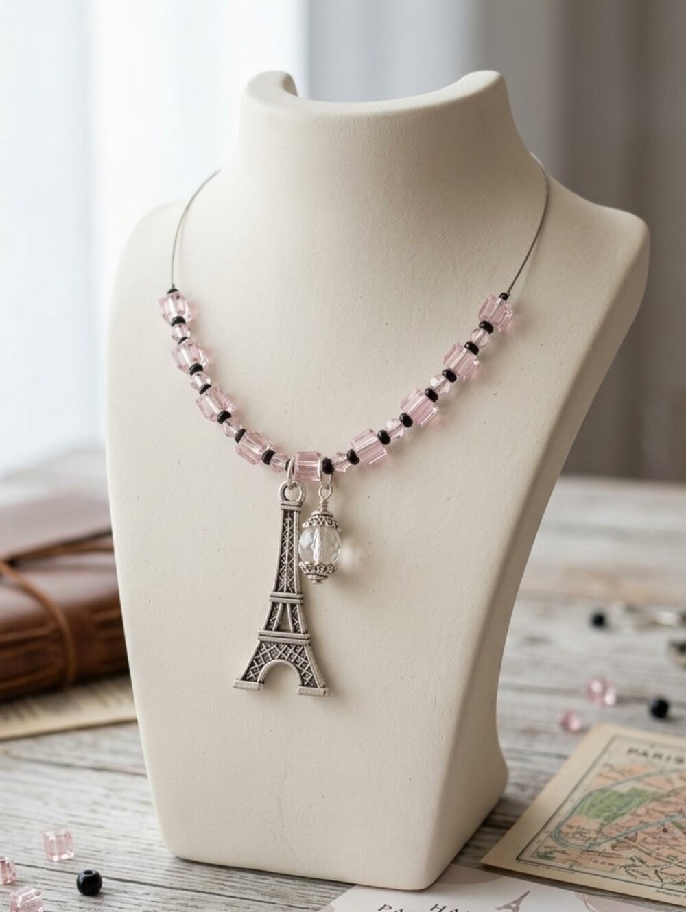 Paris Eiffel Tower Choker Beaded Charm Necklace with Pink Acrylic Beads Jewelry
